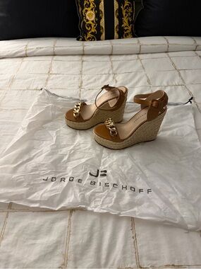 Tan Espadrille Wedge Sandals with Gold Chain Accent